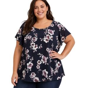 Torrid Women Navy Blue‎ Floral Chiffon Flutter Sleeve Blouse  4X Plus Size Top